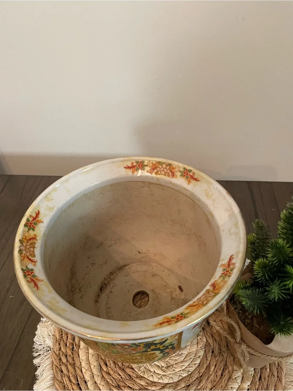 Vintage Floral Ceramic Vase in Green, Gold and Orange